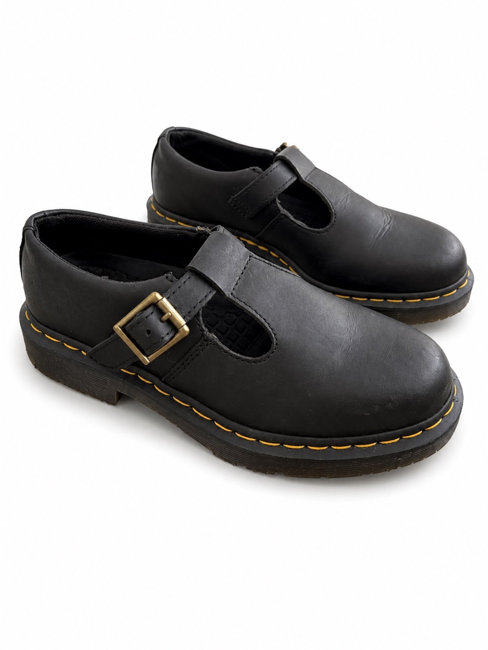 Dr. Martens Black Mary Jane Shoes with Yellow Stitching